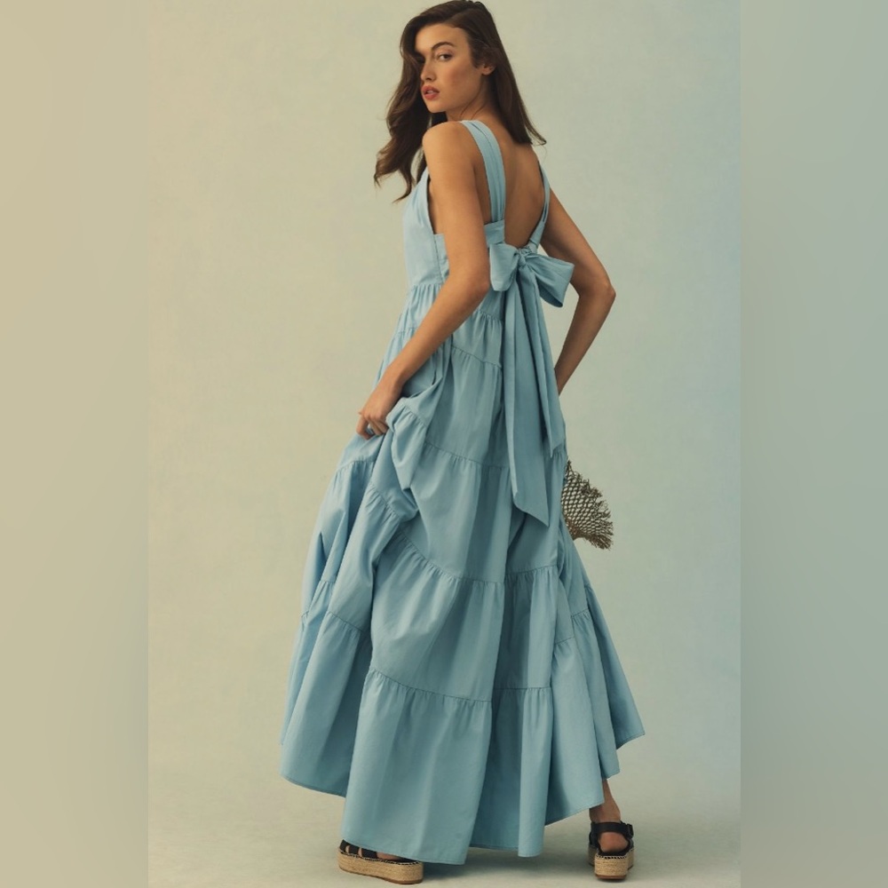 Forever That Girl Tiered Ruched Back Bow Dress Blue Size Petite XXS Petite